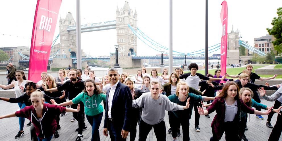 Sadiq Khan meets public doing exercise class at More London Riverside